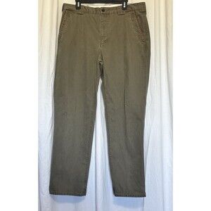 Orvis Mens Pants 38x30 Thick Green Cotton Tan Leather Pockets Flat Front Trouser